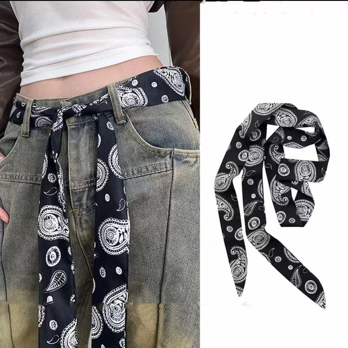Trendy Long Skinny Plaid Waist Belt with Jeans Necktie Scarf - Fashionable Hairband & Decorative Accessory for Stylish Outfits