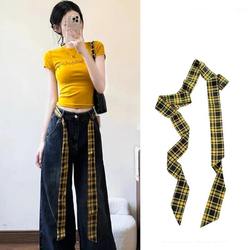 Trendy Long Skinny Plaid Waist Belt with Jeans Necktie Scarf - Fashionable Hairband & Decorative Accessory for Stylish Outfits