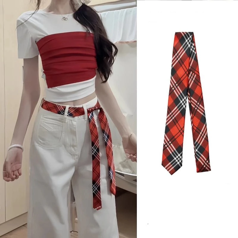 Trendy Long Skinny Plaid Waist Belt with Jeans Necktie Scarf - Fashionable Hairband & Decorative Accessory for Stylish Outfits