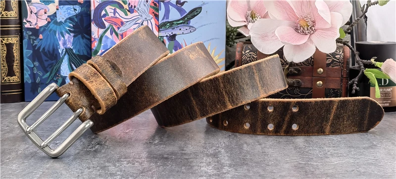 38MM Double Pin Belt Buckle Genuine Leather Belt For Men Jeans Leather Belt Men Ceinture Western Cowboy Waist Belt Man MBT0038