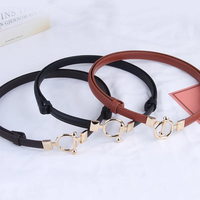 Adjustable PU Leather Ladies Dress Belts Skinny Thin Women Waist Belts Strap Gold Color Buckle Female Belts pasek damski