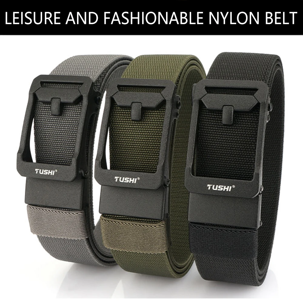 TUSHI New Unisex Elastic Belt Hard Metal Buckle Quick Release Tough Stretch Nylon Men's Military Tactical Belt Casual Waistband