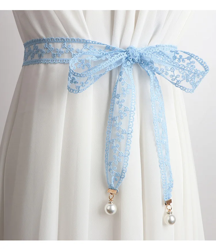 3.3x160cm Fashion Sweet Decorative Lace Waist Belts DIY Bow Knot Pearl Pendant Waistband Elegant Dress Waist Chain for Women