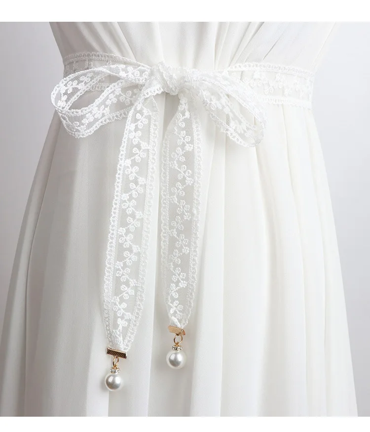 3.3x160cm Fashion Sweet Decorative Lace Waist Belts DIY Bow Knot Pearl Pendant Waistband Elegant Dress Waist Chain for Women