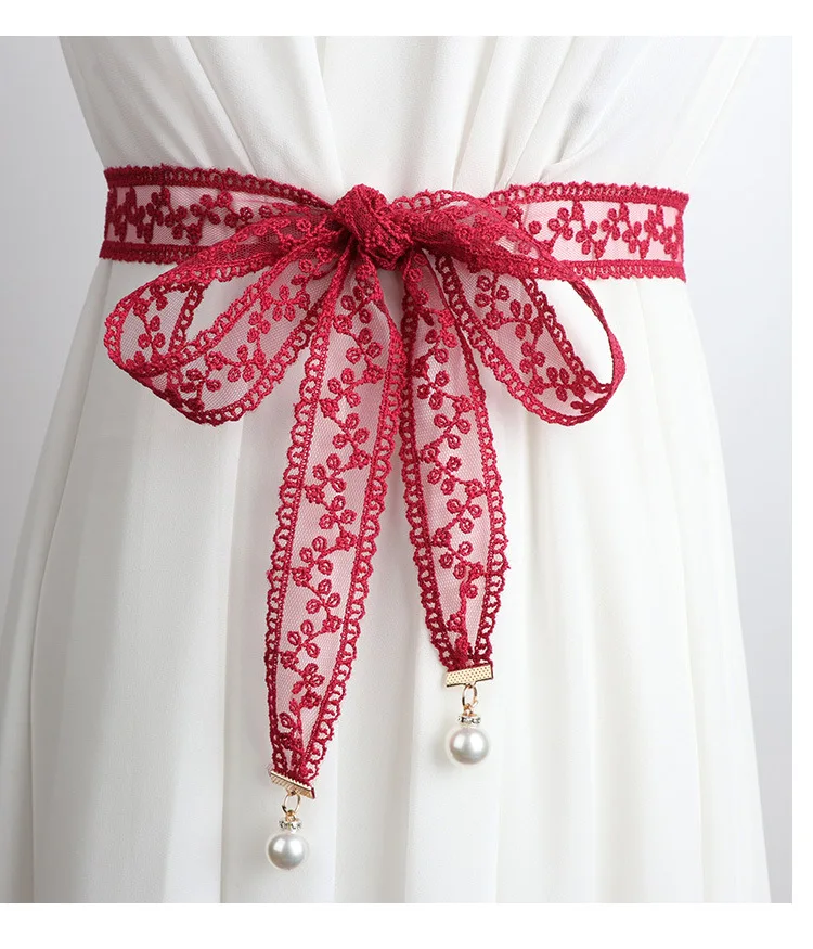 3.3x160cm Fashion Sweet Decorative Lace Waist Belts DIY Bow Knot Pearl Pendant Waistband Elegant Dress Waist Chain for Women