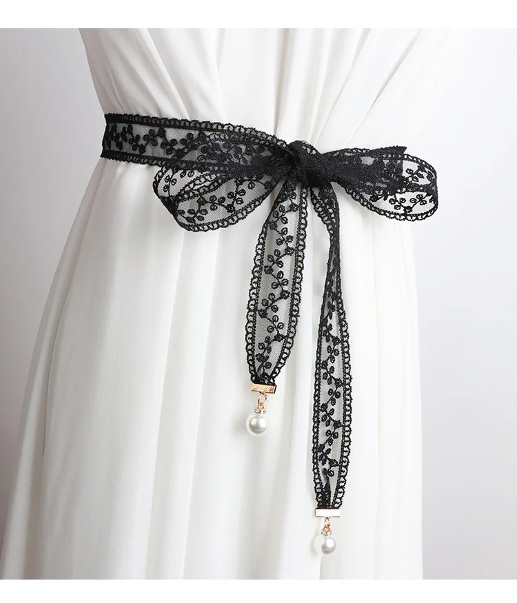 3.3x160cm Fashion Sweet Decorative Lace Waist Belts DIY Bow Knot Pearl Pendant Waistband Elegant Dress Waist Chain for Women