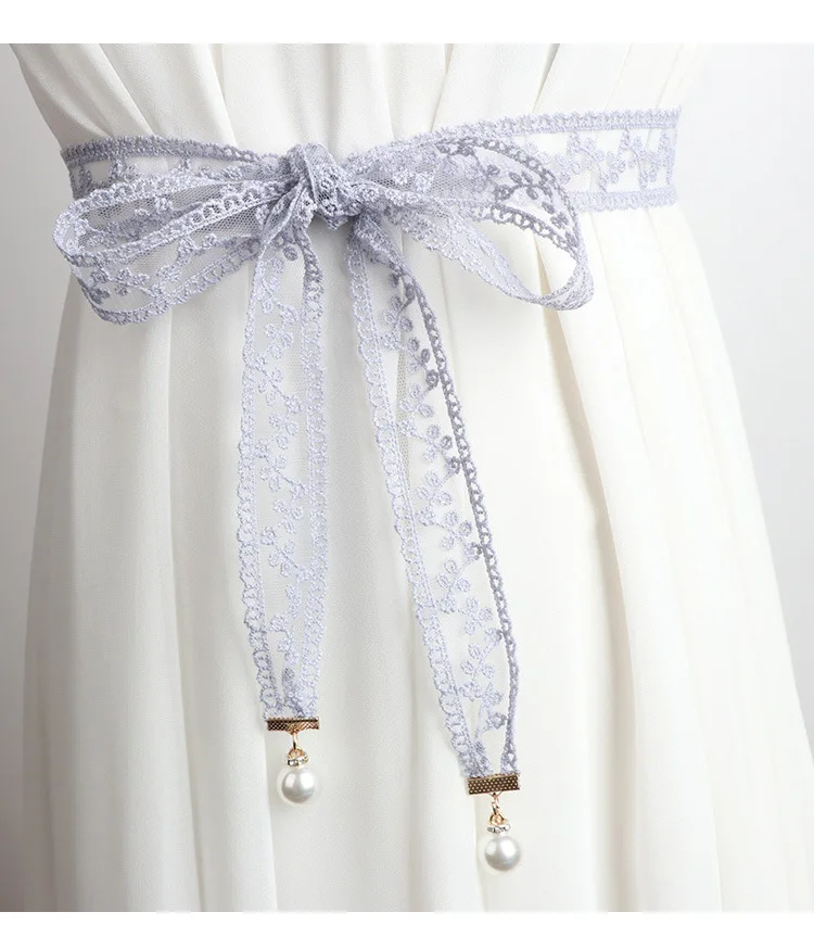3.3x160cm Fashion Sweet Decorative Lace Waist Belts DIY Bow Knot Pearl Pendant Waistband Elegant Dress Waist Chain for Women