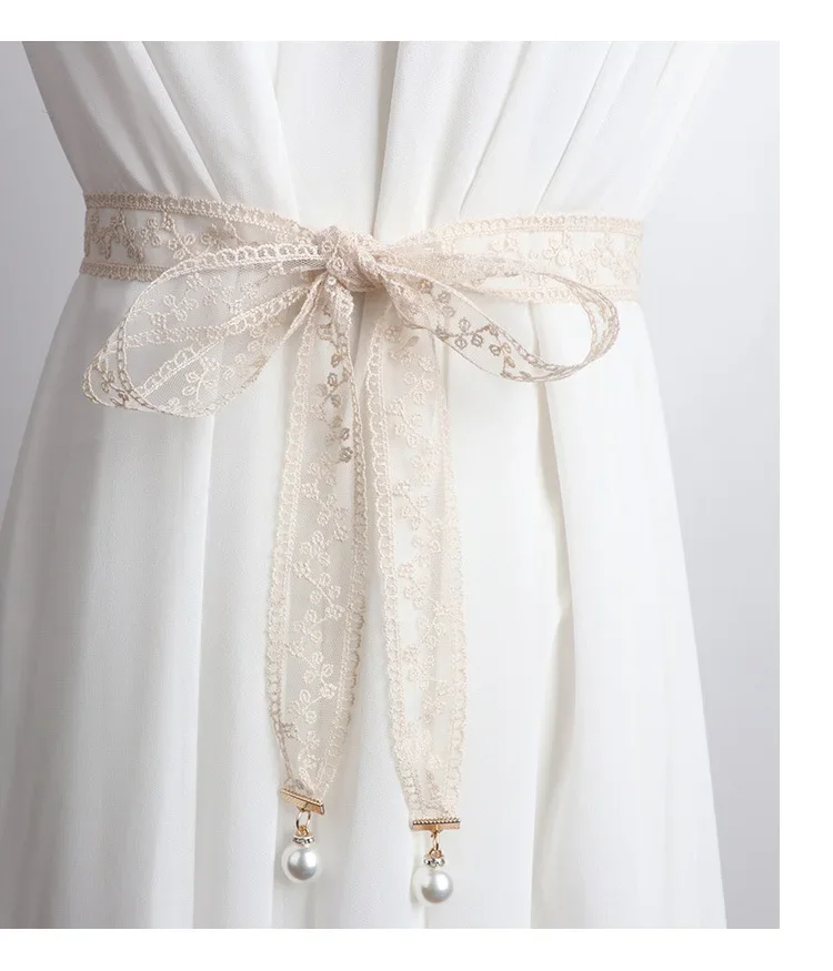 3.3x160cm Fashion Sweet Decorative Lace Waist Belts DIY Bow Knot Pearl Pendant Waistband Elegant Dress Waist Chain for Women