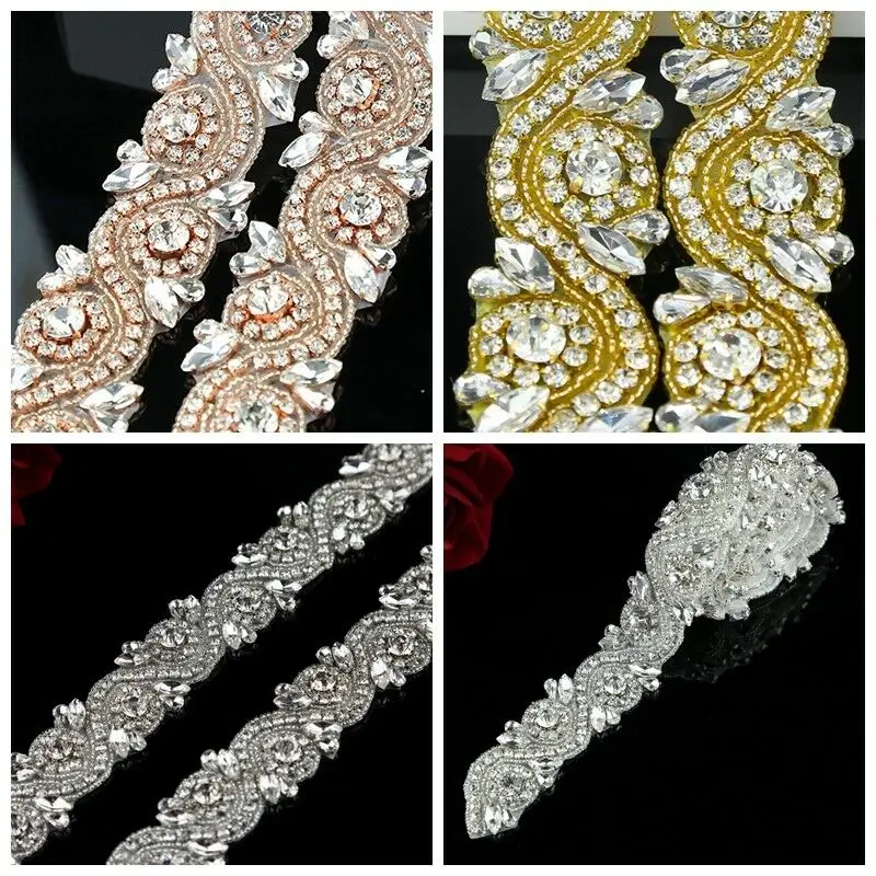 JLZXSY (Rose Gold, Gold, Silver) 17.7*1.5 in Handmade Wedding Bridal Applique Crystal Rhinestone Applique Trimming