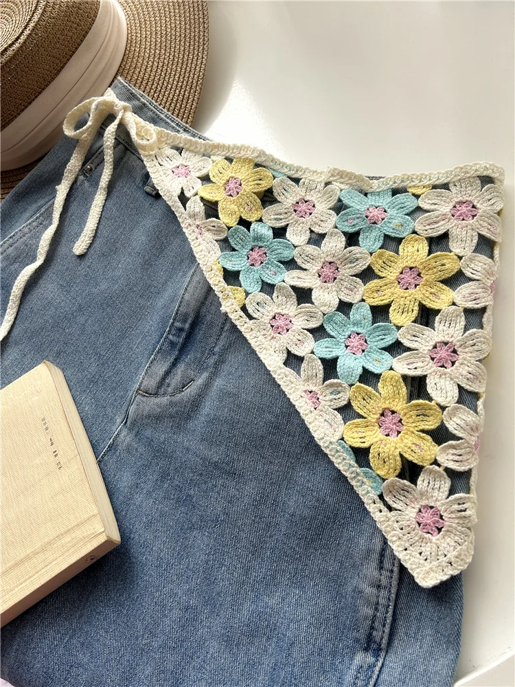 Flower Hollow Dopamine Triangle Scarf Headscarf Knitted Cotton Fringed Fart Curtain Stacked Through Waist Seal Belts Hip Cover