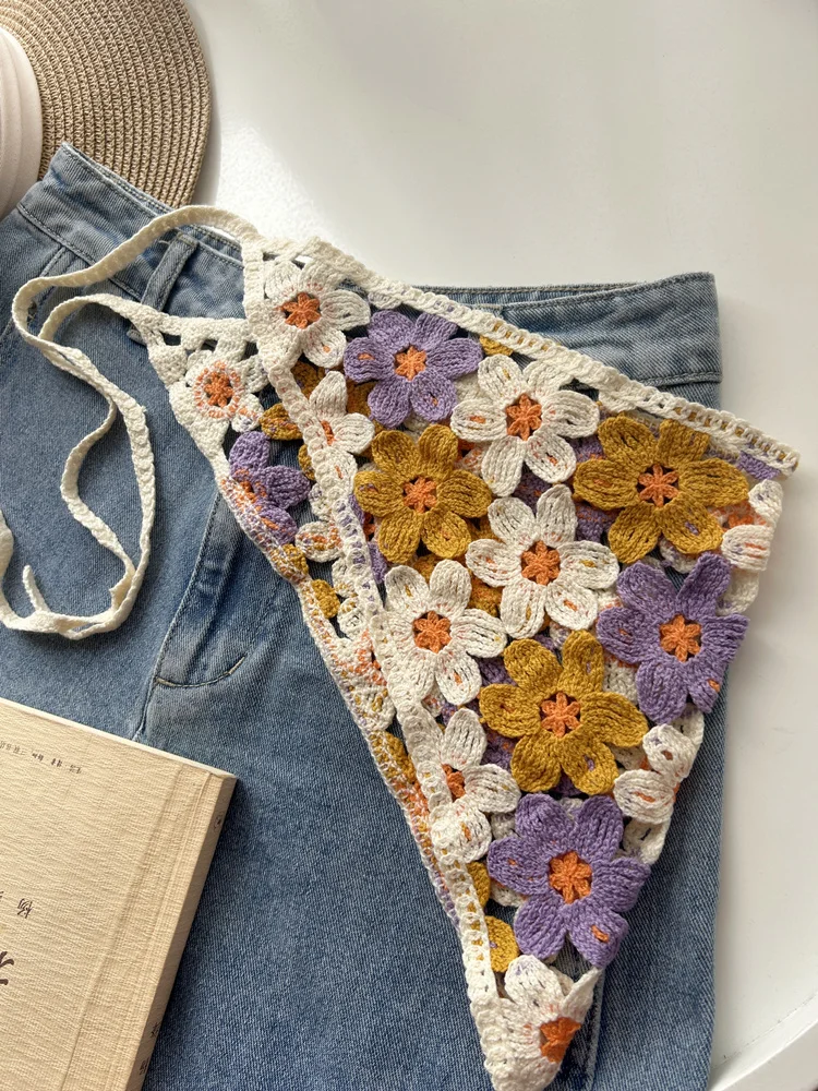Flower Hollow Dopamine Triangle Scarf Headscarf Knitted Cotton Fringed Fart Curtain Stacked Through Waist Seal Belts Hip Cover