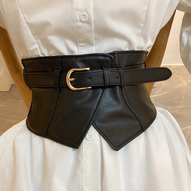 Retro Corset Belts for Women Classic Black Pin Buckle Wide Waistband Trendy PU Leather Dress Coat Girdle Belts