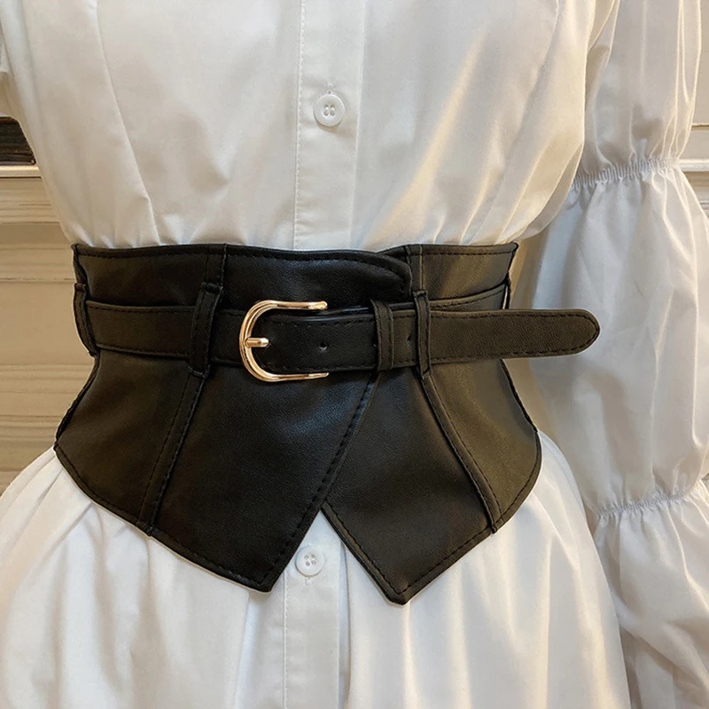 Retro Corset Belts for Women Classic Black Pin Buckle Wide Waistband Trendy PU Leather Dress Coat Girdle Belts