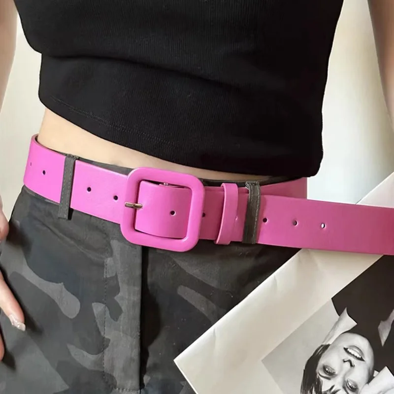Y2K Pink Belt for Girls Vintage Square Metal Buckle Waistband Women Punk Hip Hop Lady Trouser Dress Decor Waist Strap