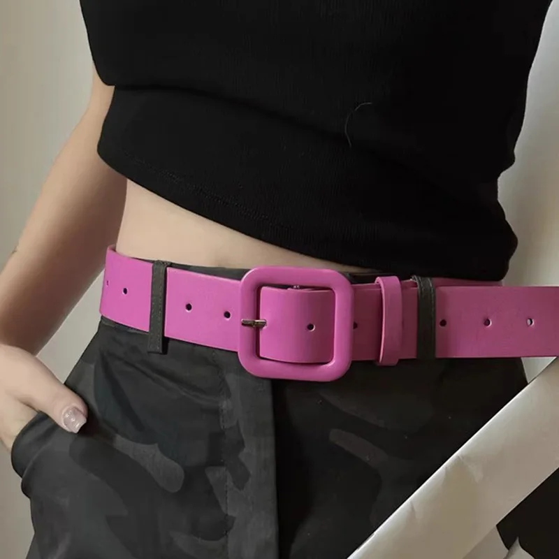 Y2K Pink Belt for Girls Vintage Square Metal Buckle Waistband Women Punk Hip Hop Lady Trouser Dress Decor Waist Strap