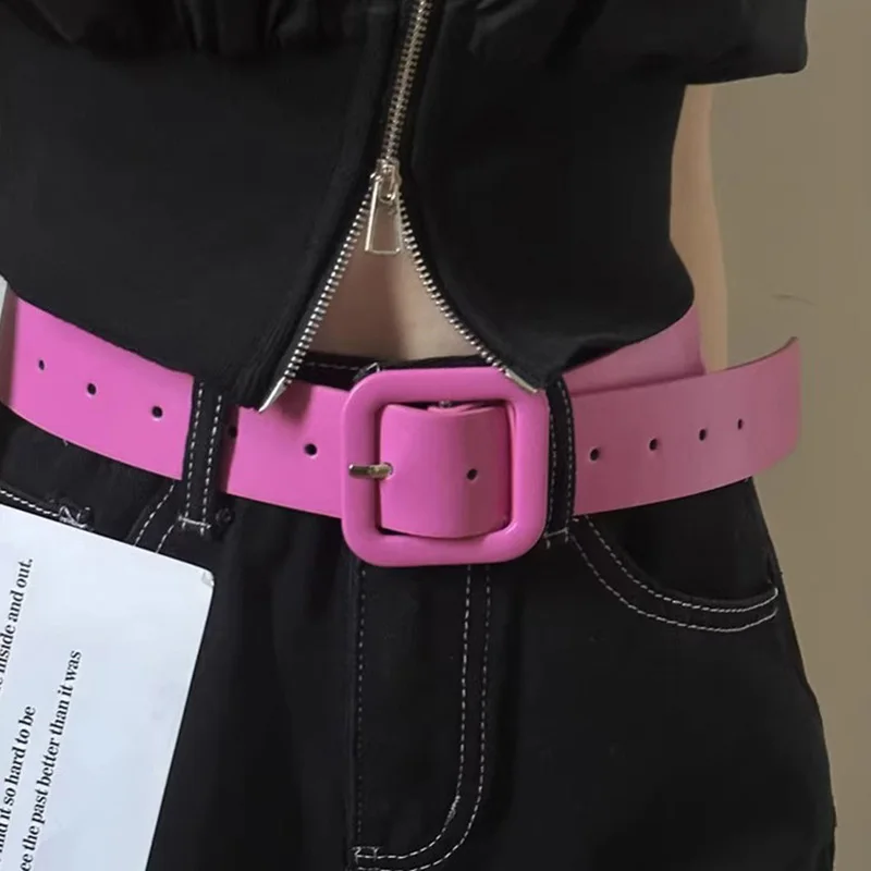 Y2K Pink Belt for Girls Vintage Square Metal Buckle Waistband Women Punk Hip Hop Lady Trouser Dress Decor Waist Strap