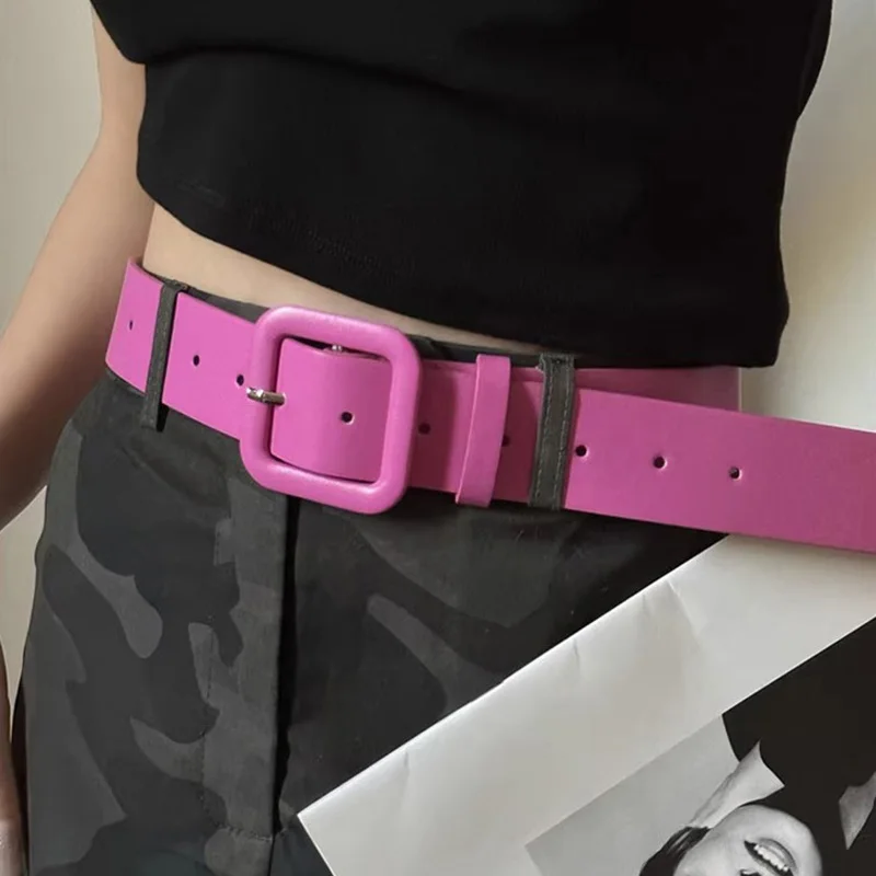 Y2K Pink Belt for Girls Vintage Square Metal Buckle Waistband Women Punk Hip Hop Lady Trouser Dress Decor Waist Strap