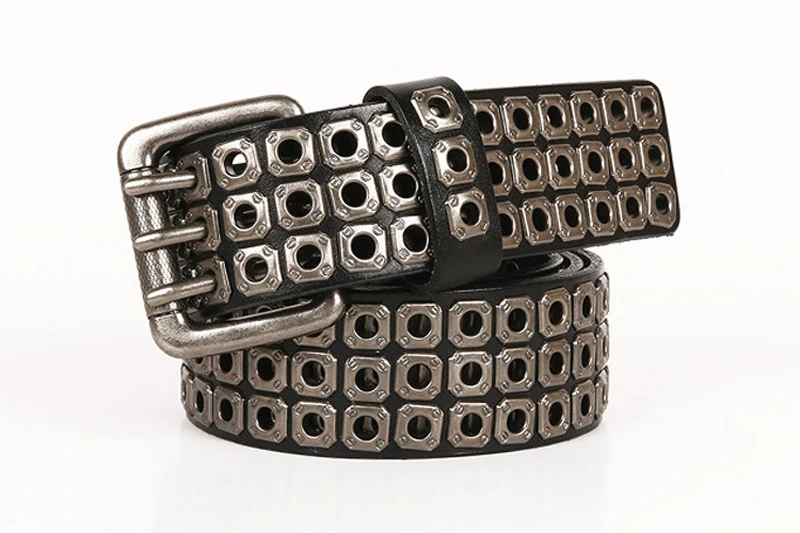 3 Needles Heavy Metal Cowboy Punk Belt Real Genuine Leather Hip Hop Belts Men Cross Square Rivet Jeans Belt Male Strap Studded