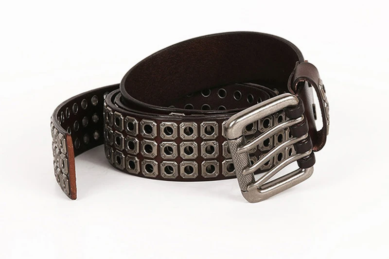 3 Needles Heavy Metal Cowboy Punk Belt Real Genuine Leather Hip Hop Belts Men Cross Square Rivet Jeans Belt Male Strap Studded