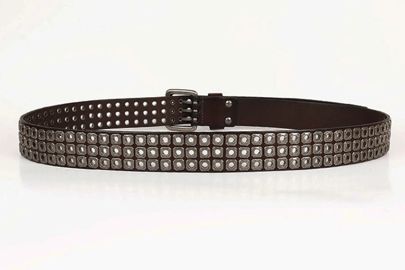 3 Needles Heavy Metal Cowboy Punk Belt Real Genuine Leather Hip Hop Belts Men Cross Square Rivet Jeans Belt Male Strap Studded