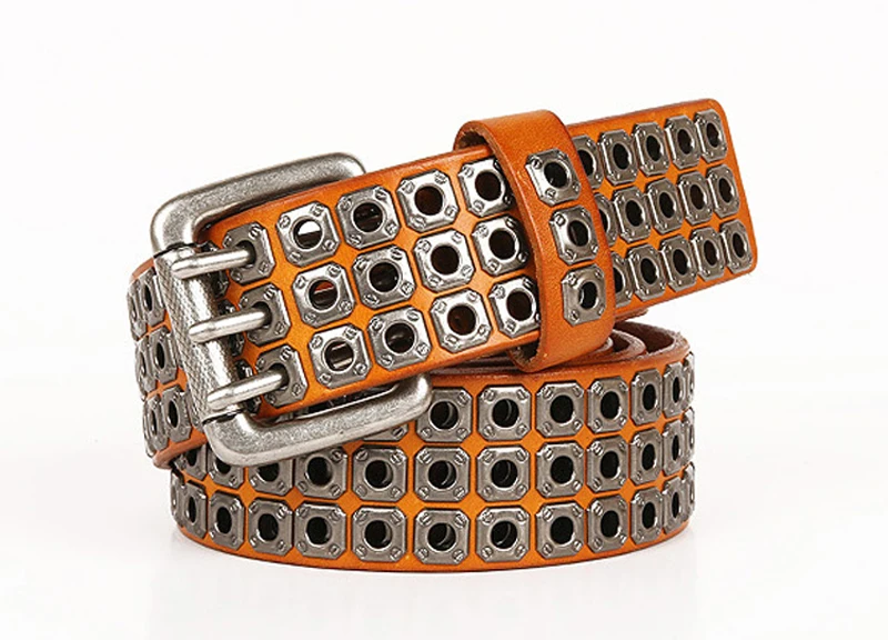 3 Needles Heavy Metal Cowboy Punk Belt Real Genuine Leather Hip Hop Belts Men Cross Square Rivet Jeans Belt Male Strap Studded