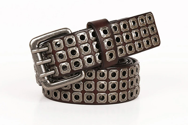 3 Needles Heavy Metal Cowboy Punk Belt Real Genuine Leather Hip Hop Belts Men Cross Square Rivet Jeans Belt Male Strap Studded