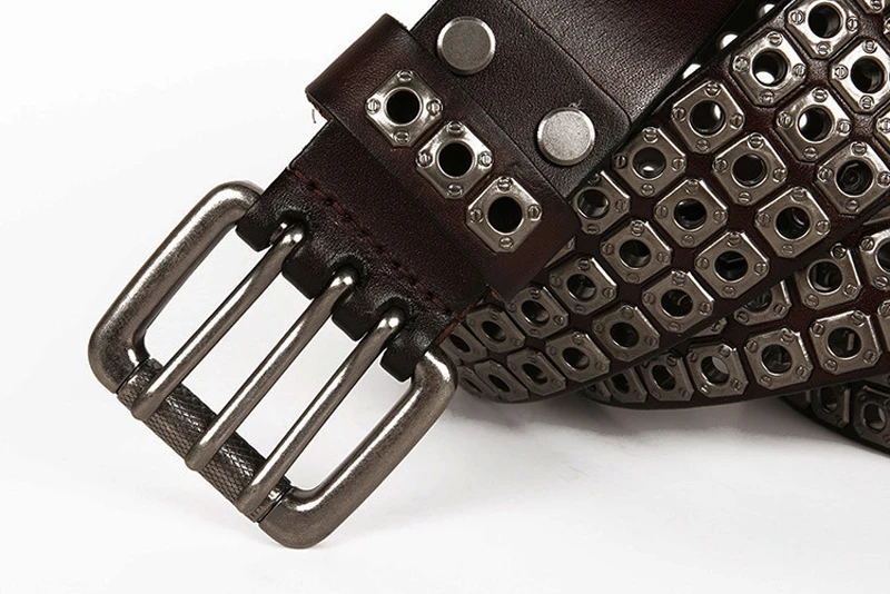 3 Needles Heavy Metal Cowboy Punk Belt Real Genuine Leather Hip Hop Belts Men Cross Square Rivet Jeans Belt Male Strap Studded