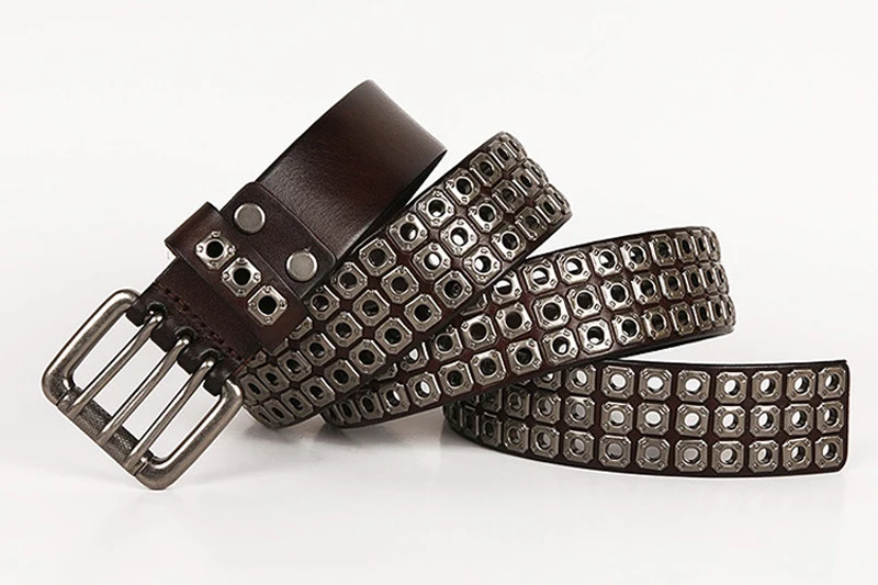 3 Needles Heavy Metal Cowboy Punk Belt Real Genuine Leather Hip Hop Belts Men Cross Square Rivet Jeans Belt Male Strap Studded