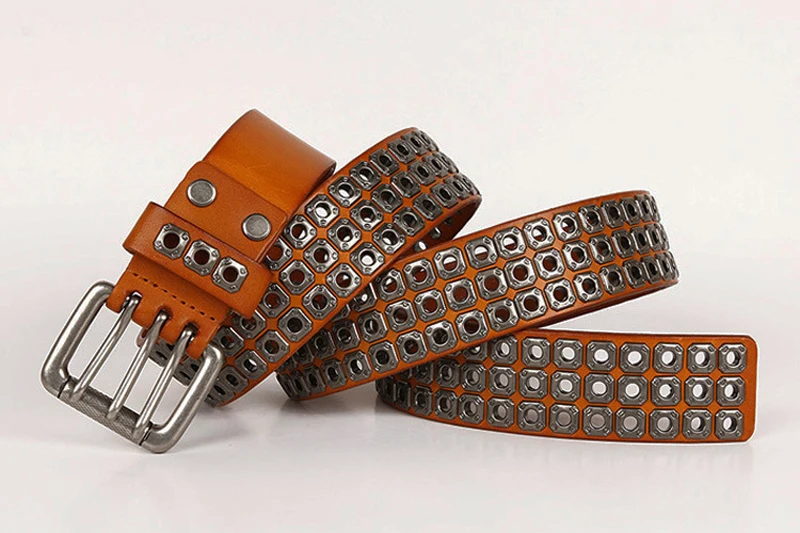 3 Needles Heavy Metal Cowboy Punk Belt Real Genuine Leather Hip Hop Belts Men Cross Square Rivet Jeans Belt Male Strap Studded