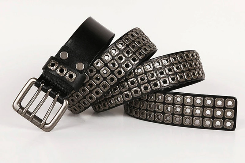 3 Needles Heavy Metal Cowboy Punk Belt Real Genuine Leather Hip Hop Belts Men Cross Square Rivet Jeans Belt Male Strap Studded