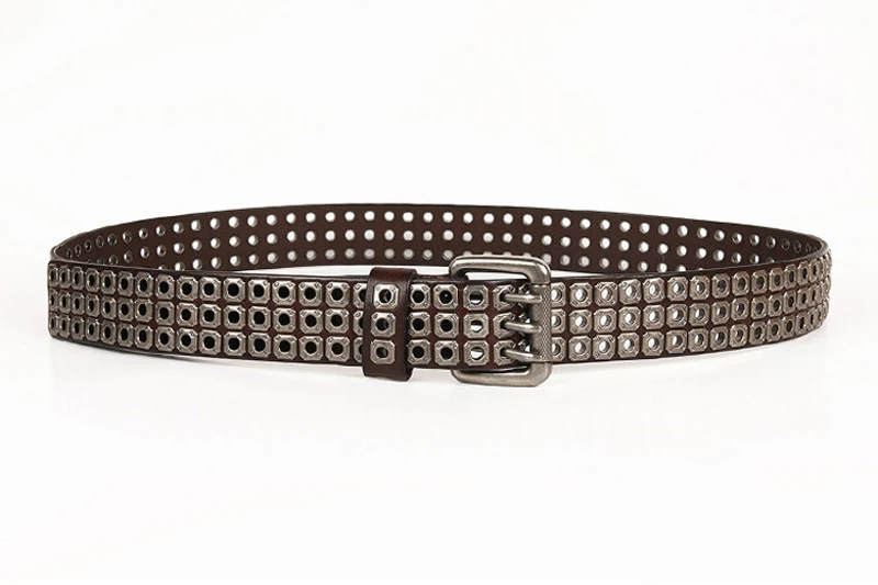 3 Needles Heavy Metal Cowboy Punk Belt Real Genuine Leather Hip Hop Belts Men Cross Square Rivet Jeans Belt Male Strap Studded