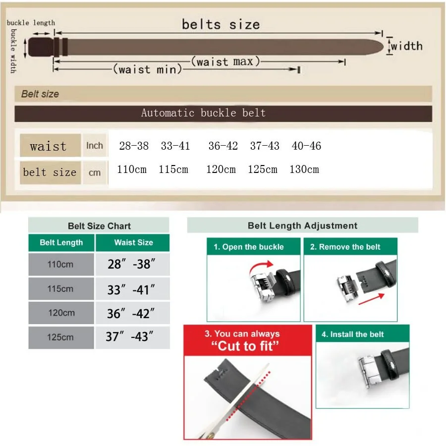 Men Leather Ratchet Belt Automatic Buckle Waistband for Male Width:3.5cm black\brown