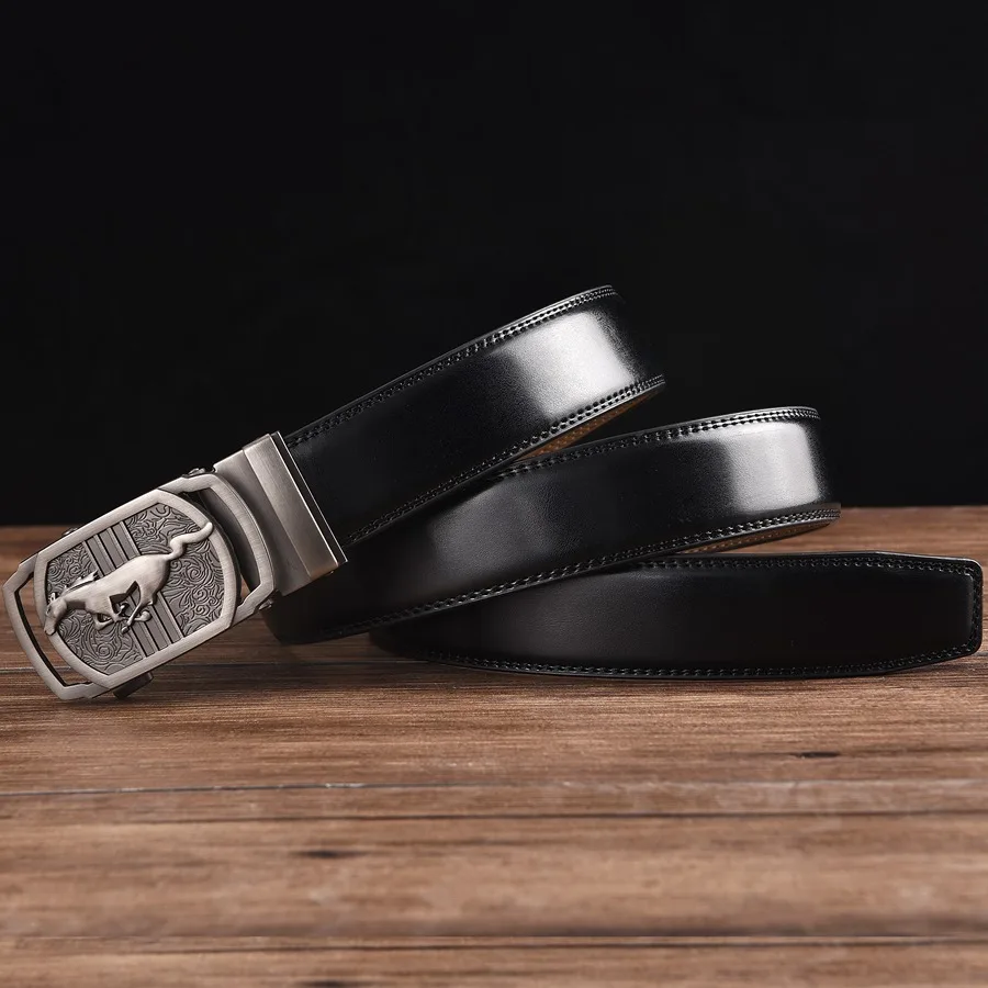 Men Leather Ratchet Belt Automatic Buckle Waistband for Male Width:3.5cm black\brown