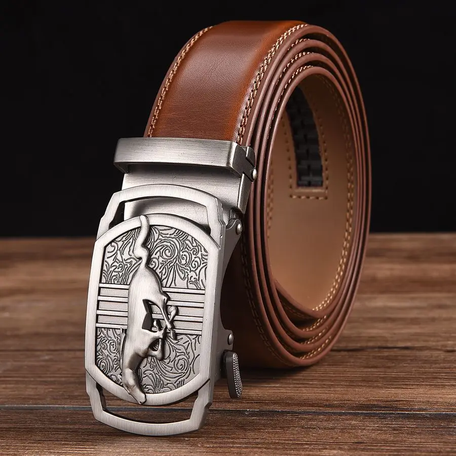 Men Leather Ratchet Belt Automatic Buckle Waistband for Male Width:3.5cm black\brown