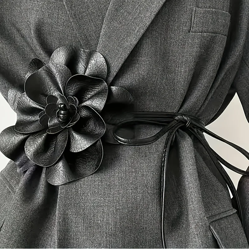 Trendy Bohemian PU Leather Waist Belt Large Flower Tie Wrap Sash with Bow for Dress Decoration Ladies Black Straps ремень