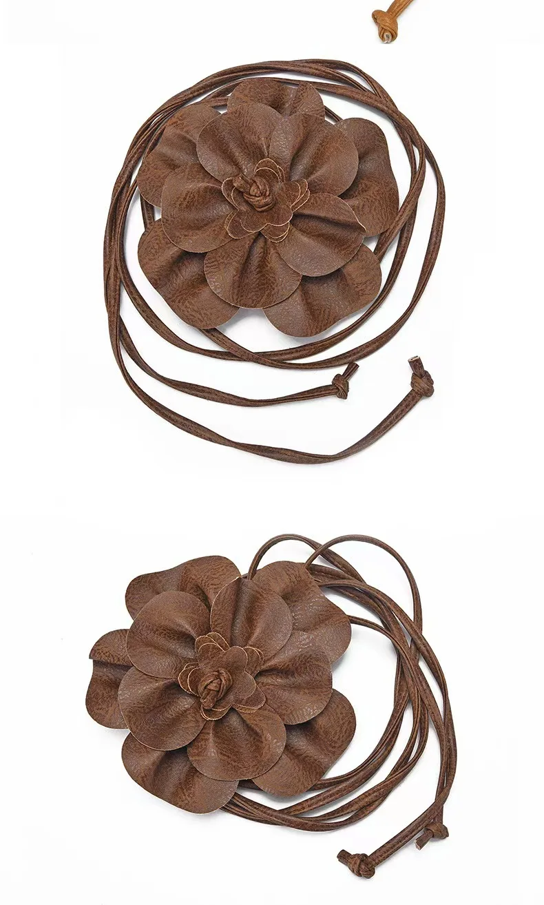 Trendy Bohemian PU Leather Waist Belt Large Flower Tie Wrap Sash with Bow for Dress Decoration Ladies Black Straps ремень