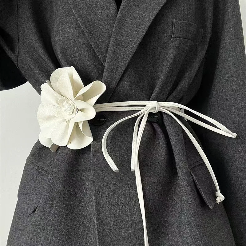 Trendy Bohemian PU Leather Waist Belt Large Flower Tie Wrap Sash with Bow for Dress Decoration Ladies Black Straps ремень