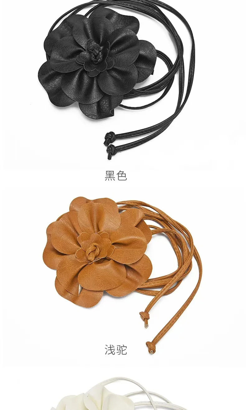 Trendy Bohemian PU Leather Waist Belt Large Flower Tie Wrap Sash with Bow for Dress Decoration Ladies Black Straps ремень