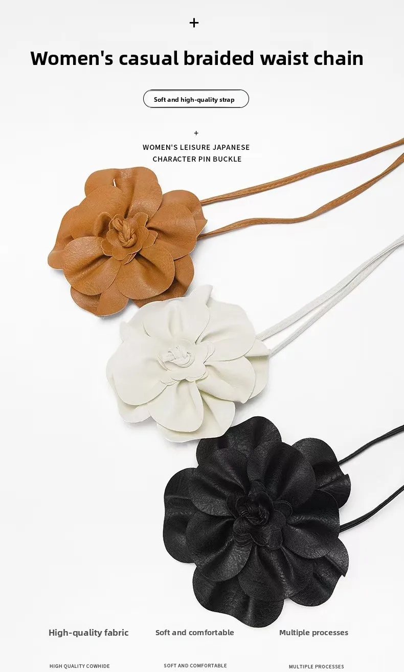 Trendy Bohemian PU Leather Waist Belt Large Flower Tie Wrap Sash with Bow for Dress Decoration Ladies Black Straps ремень