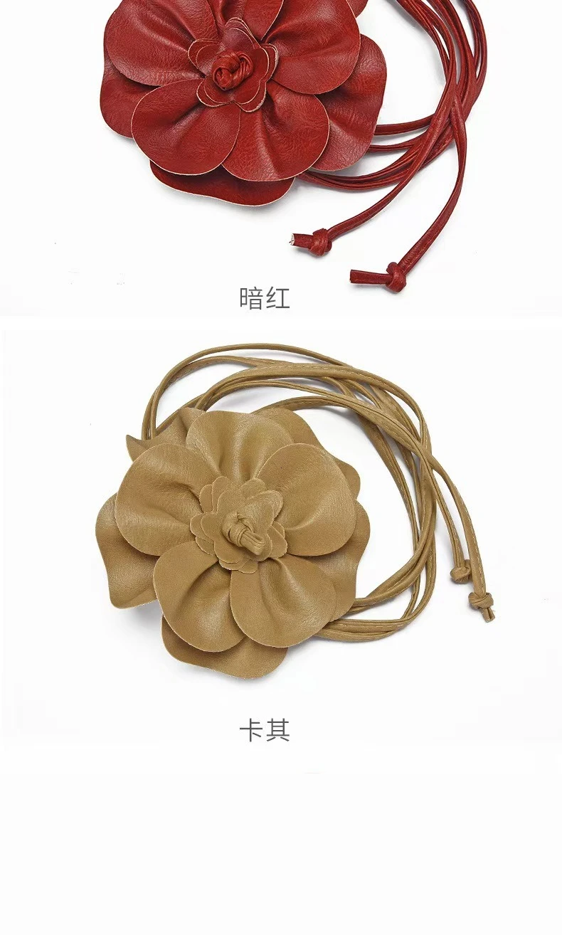 Trendy Bohemian PU Leather Waist Belt Large Flower Tie Wrap Sash with Bow for Dress Decoration Ladies Black Straps ремень