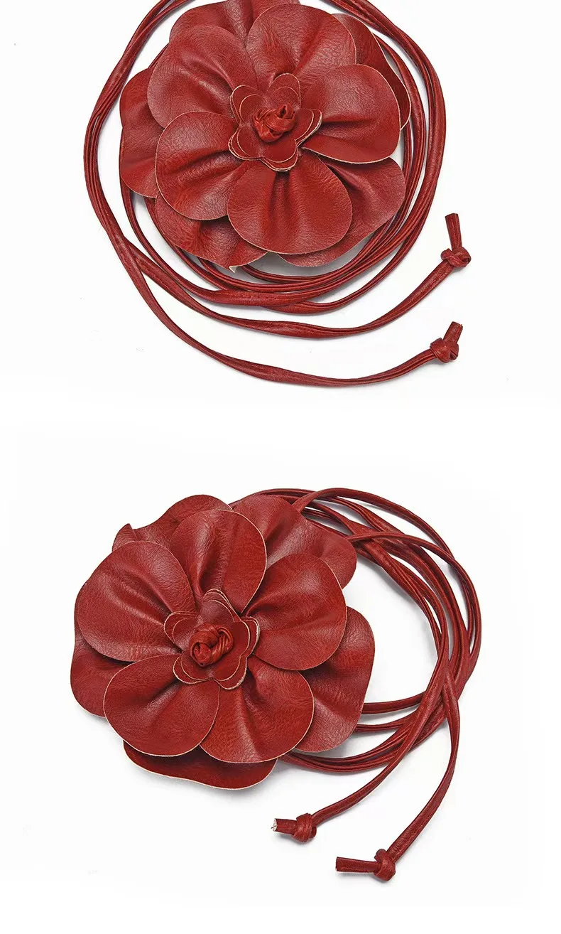 Trendy Bohemian PU Leather Waist Belt Large Flower Tie Wrap Sash with Bow for Dress Decoration Ladies Black Straps ремень