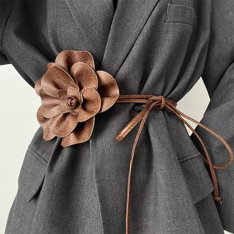 Trendy Bohemian PU Leather Waist Belt Large Flower Tie Wrap Sash with Bow for Dress Decoration Ladies Black Straps ремень