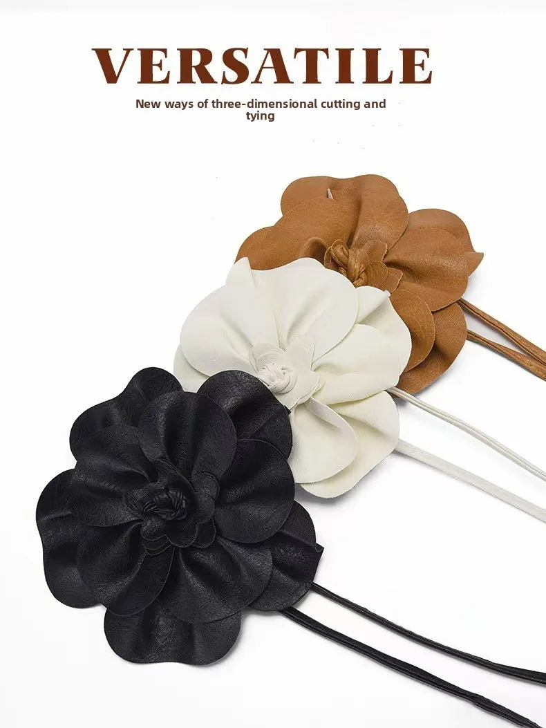 Trendy Bohemian PU Leather Waist Belt Large Flower Tie Wrap Sash with Bow for Dress Decoration Ladies Black Straps ремень
