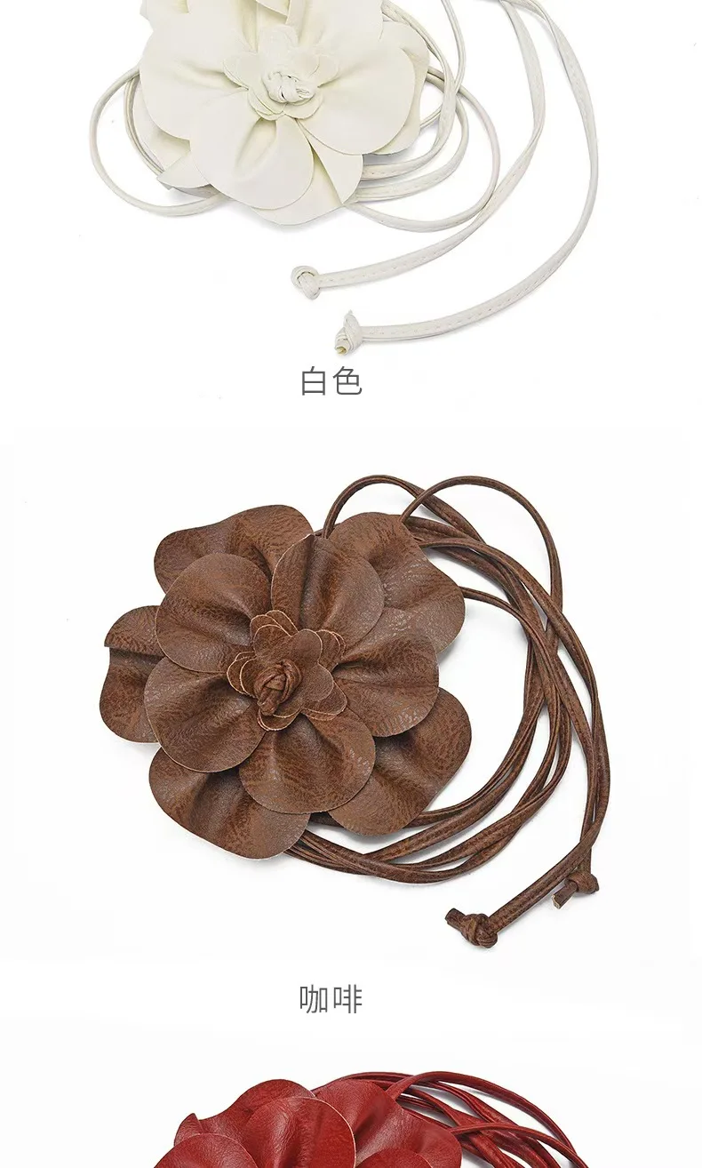 Trendy Bohemian PU Leather Waist Belt Large Flower Tie Wrap Sash with Bow for Dress Decoration Ladies Black Straps ремень