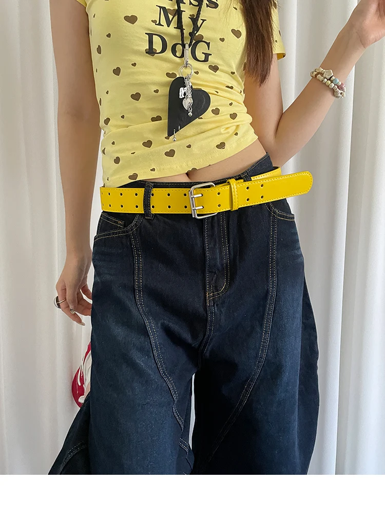 Wide Design Sense Y2K Double-Breasted Yellow Belt For Women With Skirt Jeans With Waistcoat Decoration Versatile Belt