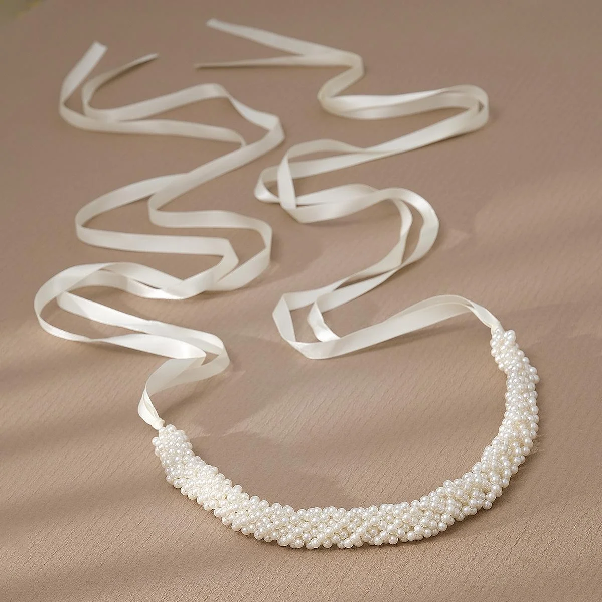 Handmade Pearl Beaded Chain Satin Ribbon Back Tie Wedding Dress Belt Bride Sashes for Wedding Bridesmaids Dress Gown