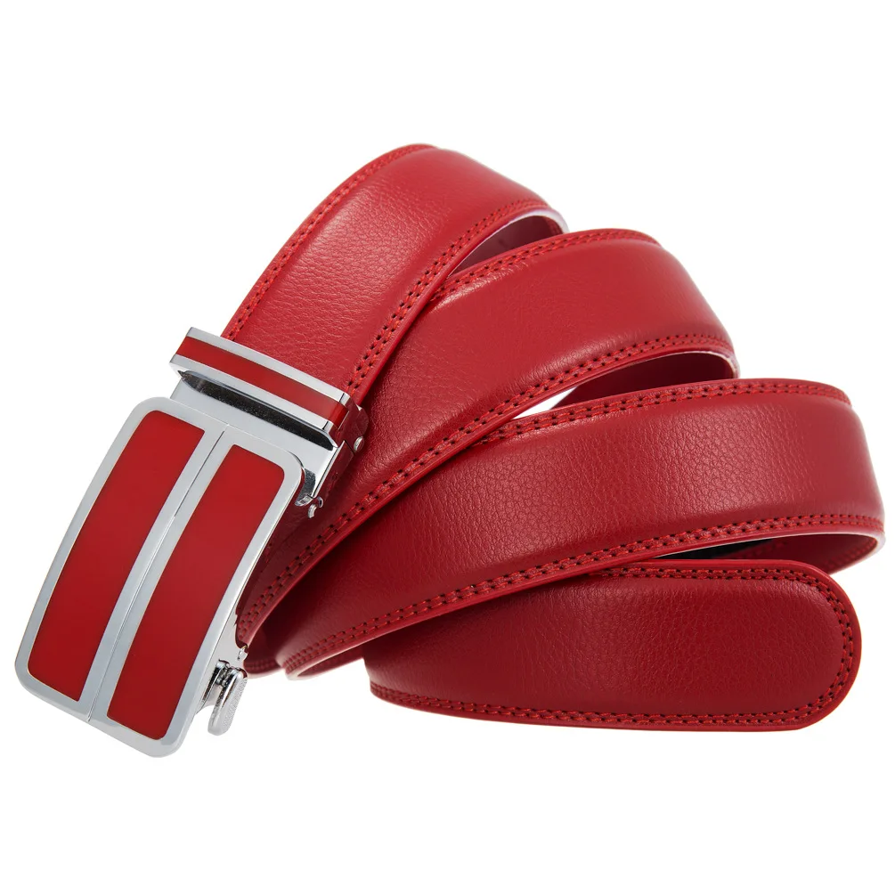 Red Belt Men Luxury Brand Men's Genuine Leather Automatic Buckle Ratchet Belt No Holes Cinturones Hombre Dropshipping