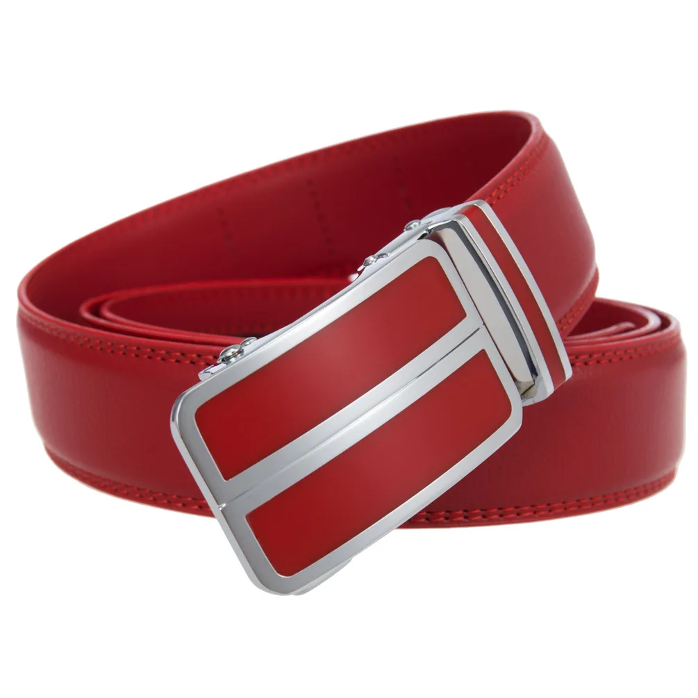 Red Belt Men Luxury Brand Men's Genuine Leather Automatic Buckle Ratchet Belt No Holes Cinturones Hombre Dropshipping