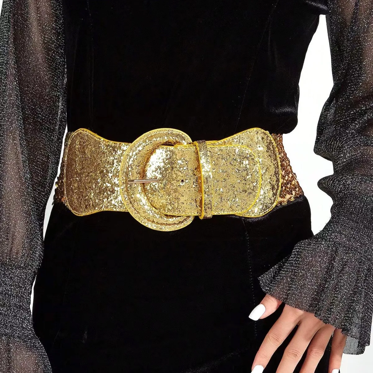 8x77cm Gold Silver Black Women Wide Sequin Belt Female Waistband For Girl Party Club Coat Dress Sweater Punk Gothic Decorative