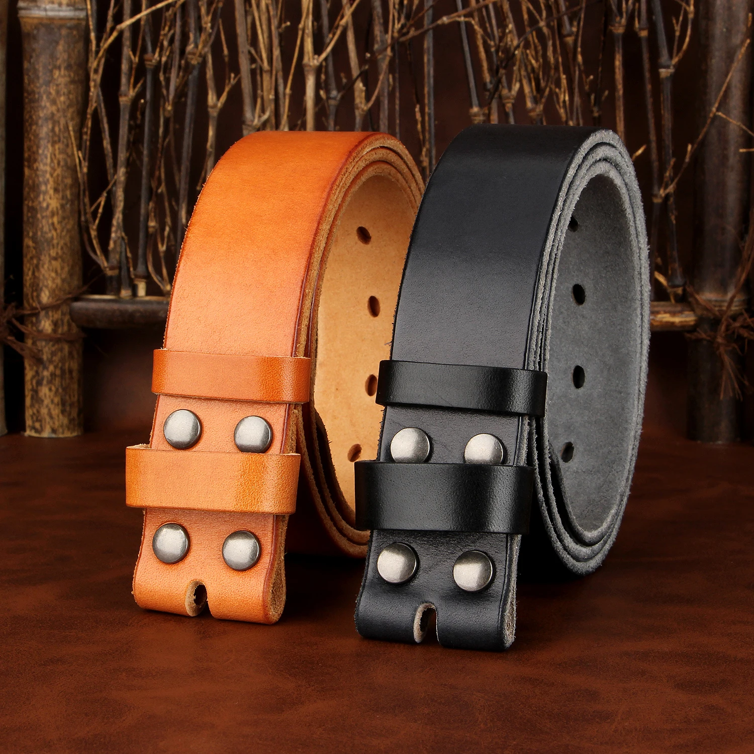 Sogefimen Men's Belt Without Buckle Full Grain Leather Belts for Men Cowskin Jeans Brown Black 38mm Wide Belt 30''-42'' Waist